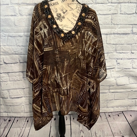 Chico’s Sheer Flowy Caftan Top Boho Beaded V-neck Tribal Size Large/XL Brown - Picture 1 of 9